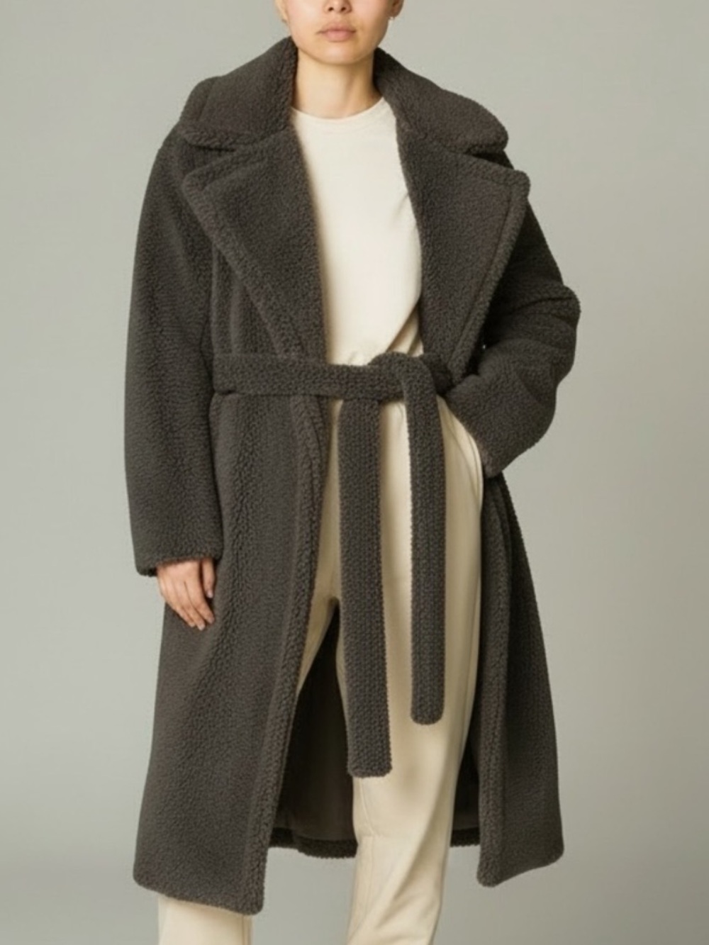 GAP Women's Charcoal Grey Teddy Sherpa Jacket Belted Long Winter Coat Size XL